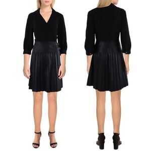 Karl Lagerfeld Black Faux Leather 3/4 Sleeve Shutter Pleat Mini Dress Size 4 NEW